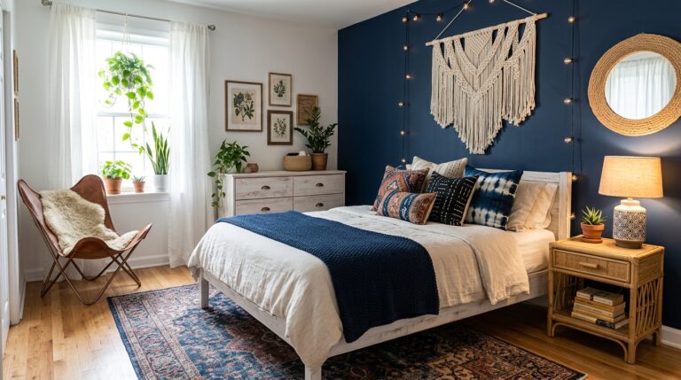 navy blue boho bedroom