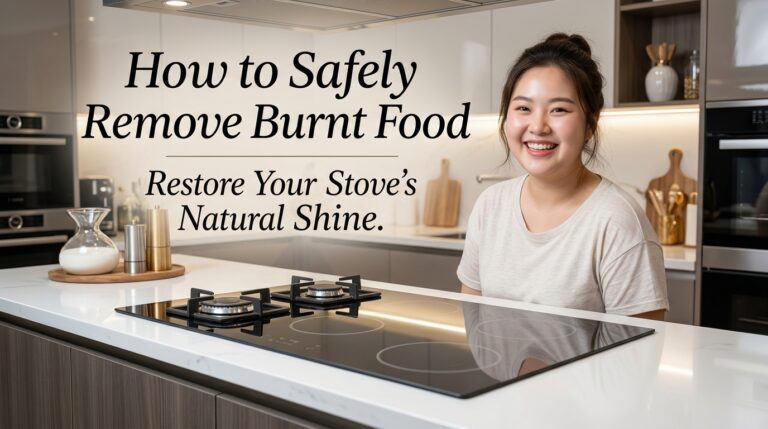 A happy woman standing in a bright kitchen showing how to safely remove burnt food from a glass stovetop to keep it shiny and scratch-free.