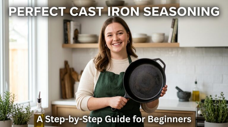 A smiling young woman holding a perfectly seasoned black cast iron skillet in a bright, modern kitchen setting.