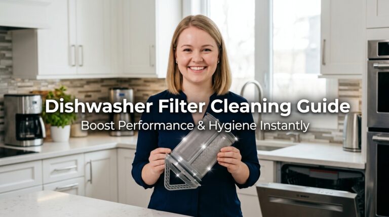 A helpful guide showing a clean dishwasher filter held by a woman to demonstrate how regular maintenance improves kitchen hygiene and performance.