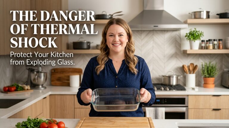 A professional woman with a round face showing a safe glass baking dish to explain why you should never put cold water on it when hot.