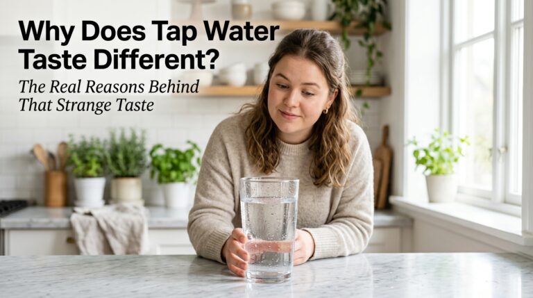 A clear glass of tap water sits on a bright kitchen counter, illustrating the common question of why does tap water taste different from place to place.