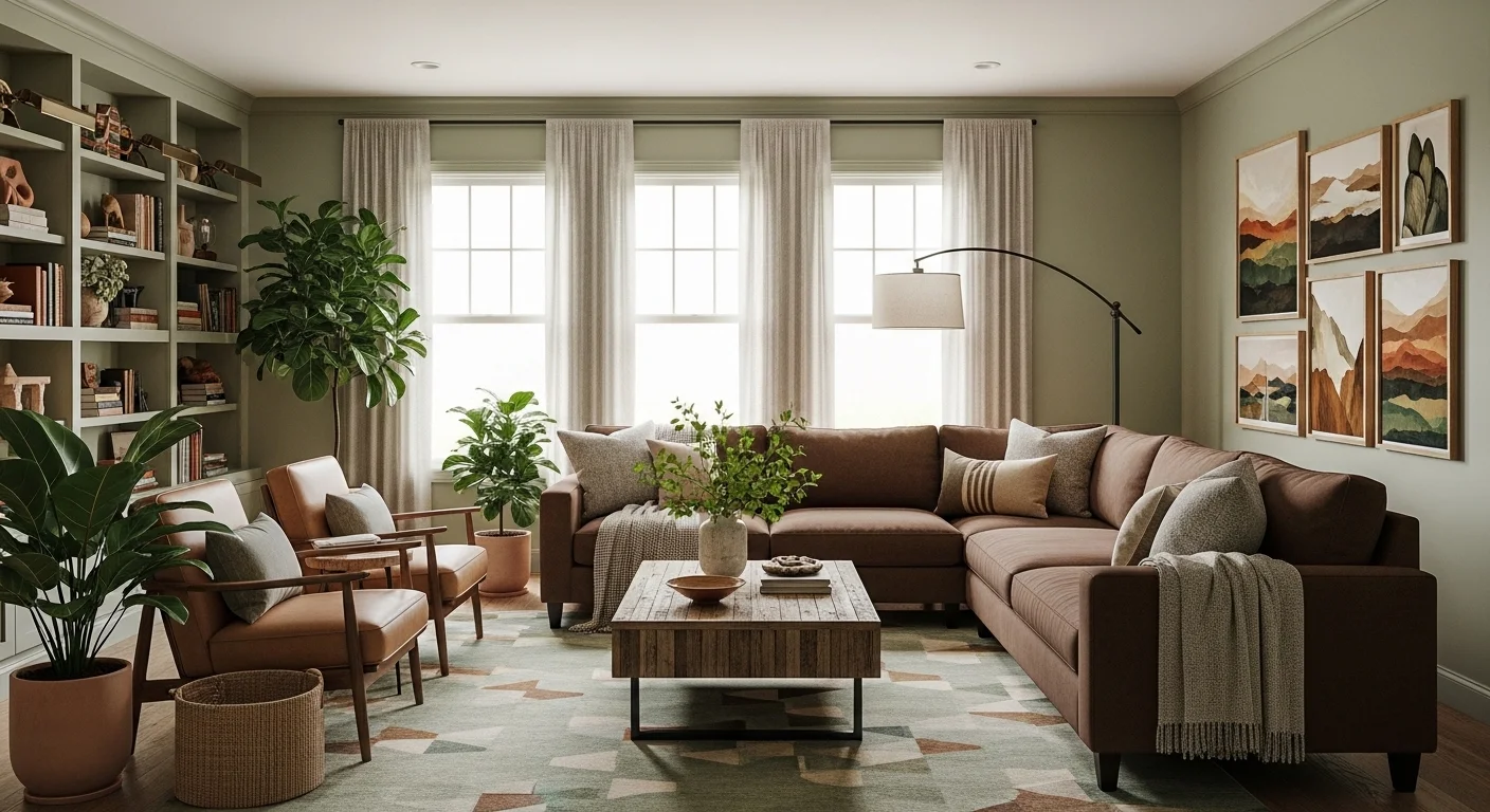 sage green and brown living room