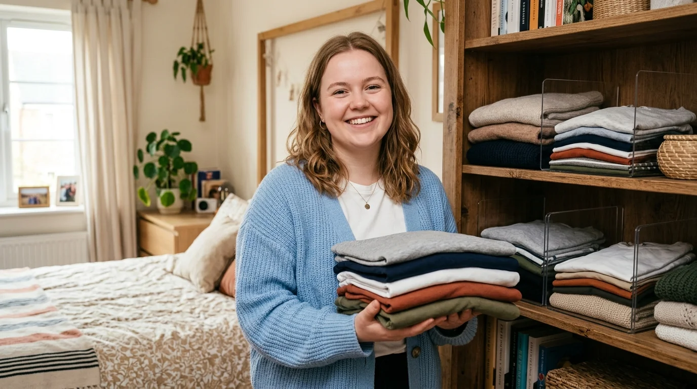 A fair-skinned girl with a round face happily organizing her clothes using smart folding techniques in a small closet.