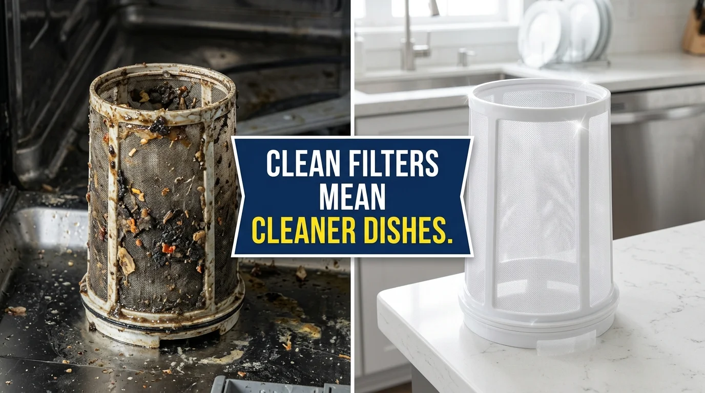 A side-by-side comparison of a dirty and clean dishwasher filter showing why cleaning is necessary for spot-free dishes.