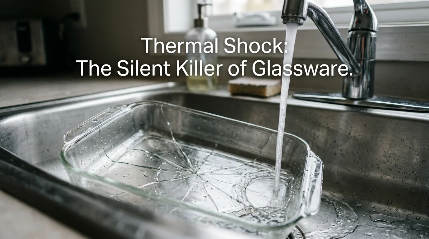 A close-up view of a cracked glass baking dish in a sink under running water, illustrating the result of thermal shock.